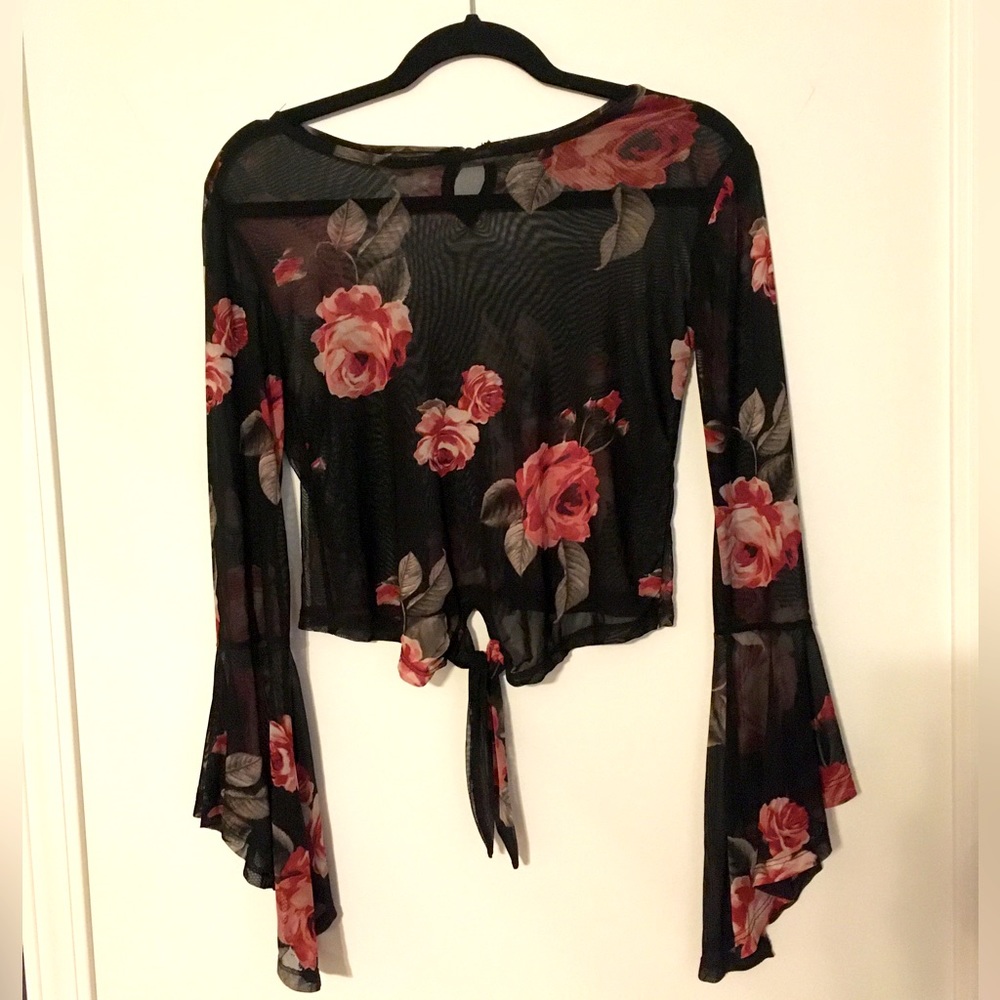 Rue21 Sheer Bell Sleeve Tie Front Crop Top